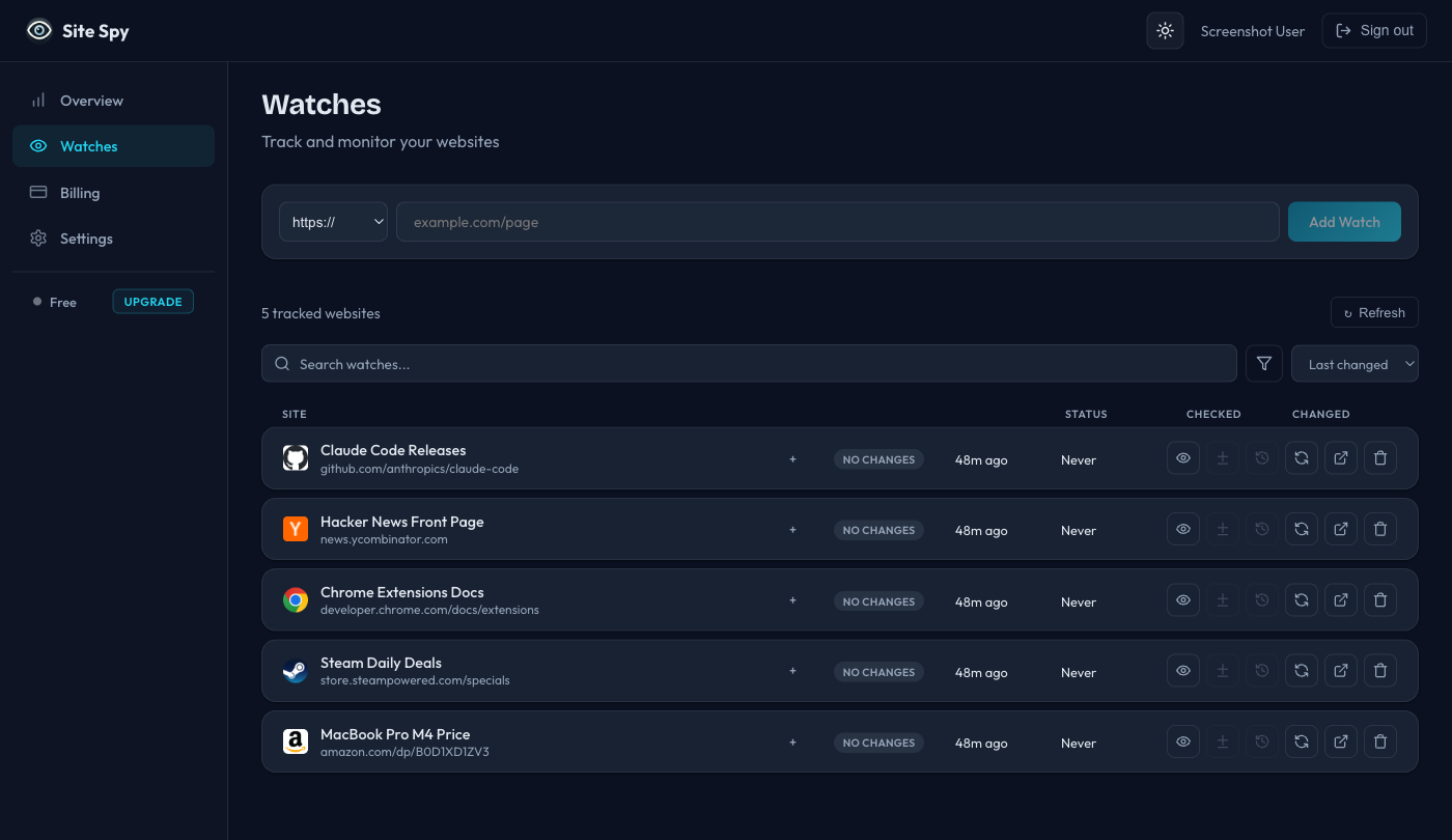 Site Spy web dashboard showing tracked websites with status indicators