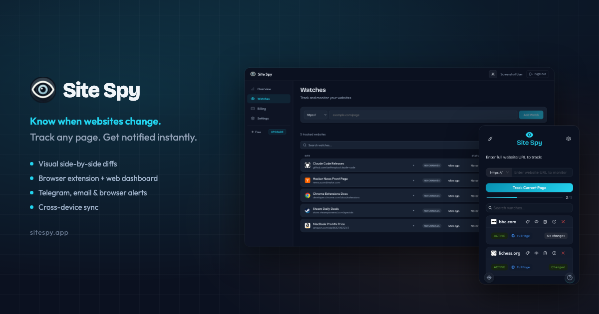 Site Spy - Website change monitoring tool showing visual diff view