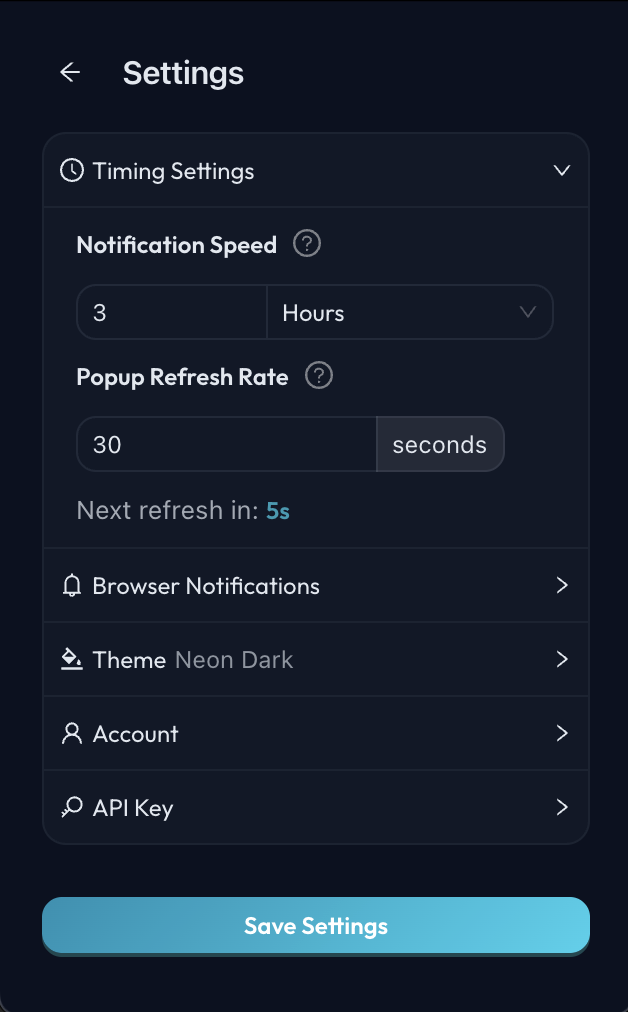 Site Spy settings panel with check interval and notification preferences